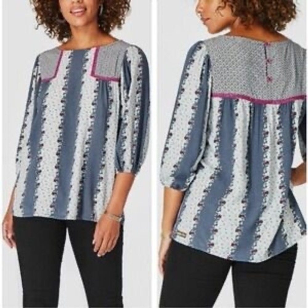 Women Boho Patchwork Floral Stripe‎ Peasant Top S Blue Pink 3/4 Sleeve Whimsical